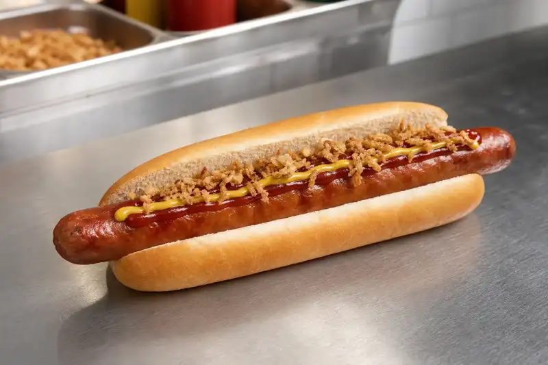 A classic smoked pork hotdog in a plain bun with mustard, ketchup and crispy onions on a clean counter.