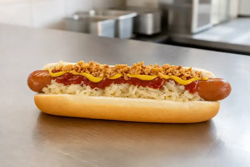 A jumbo pork hotdog in a split-top bun topped with sauerkraut, curry ketchup, mustard, and crispy onions on a clean counter.