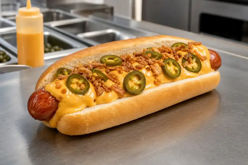 A jumbo pork hotdog in a split-top bun covered with thick cheese sauce, sliced jalapeños, and crispy onions on a clean stainless counter.