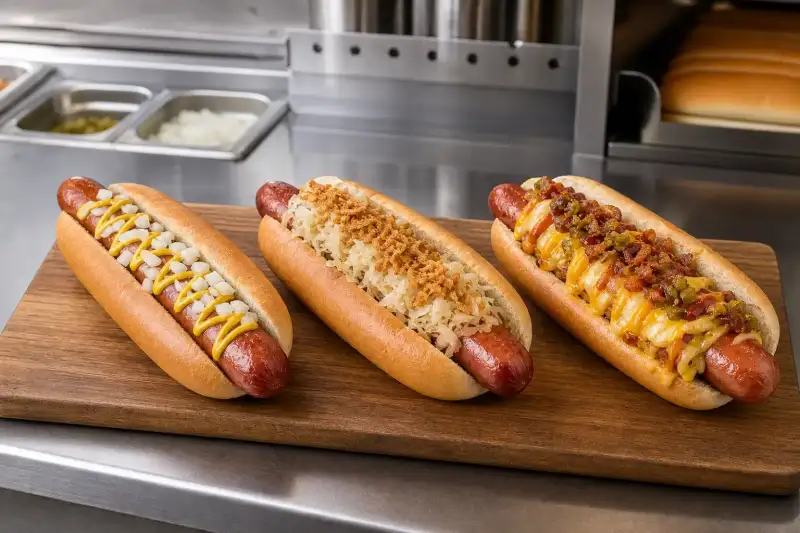 Three jumbo smoked pork hotdog builds: a classic mustard-and-onion version, a German-style sauerkraut version, and a loaded cheese version.