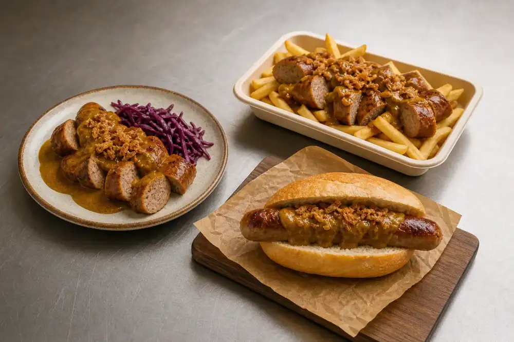 Three curry pork bratwurst serving styles shown side by side: a pub plate, a takeaway tray, and a loaded roll.