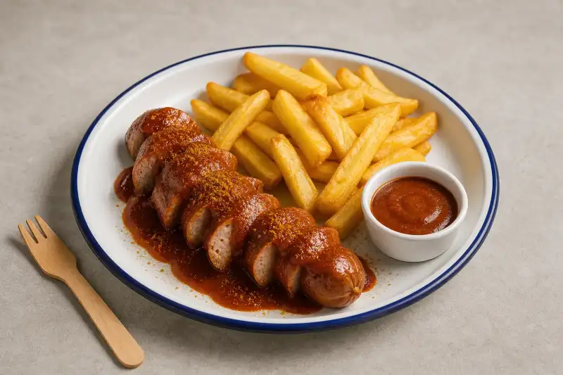 Sliced curry pork bratwurst with curry sauce and chips on an enamel plate, beside a small sauce ramekin.