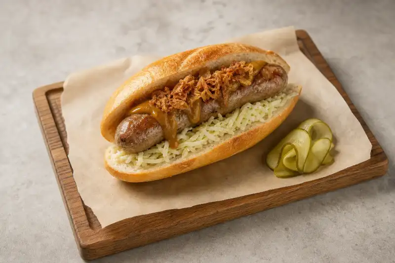 Loaded curry bratwurst roll with slaw, curry sauce, fried onions, and pickles on a wooden board.