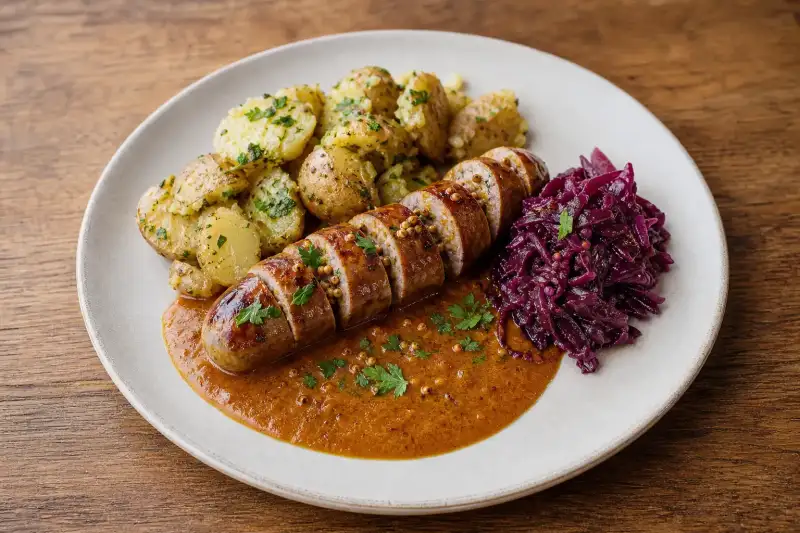 Curry bratwurst plated with crushed potatoes, cabbage, and curry sauce for a refined pub meal.