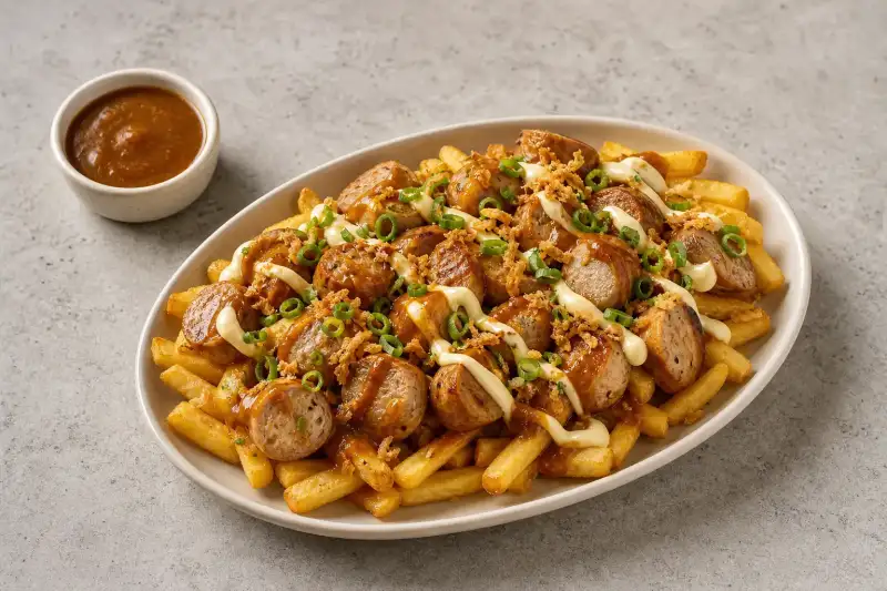 Loaded fries topped with sliced curry bratwurst, curry sauce, and a crisp garnish on a wide tray beside extra sauce.