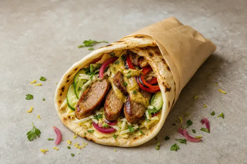 A curry bratwurst flatbread wrap with slaw, peppers, cucumber, and sauce in a takeaway paper cradle.