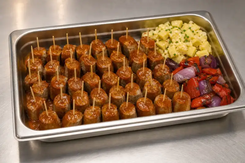 A stainless buffet tray with curry bratwurst bites, cocktail sticks, potato salad, and grilled peppers arranged for easy self-service.