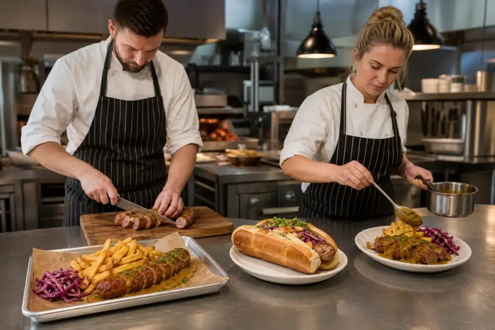 Two chefs plate curry pork bratwurst into trays, a roll, and a pub plate for fast, consistent catering service.