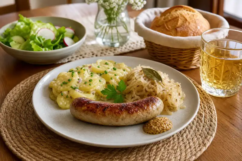 A german bratwurst dish with potato salad and sauerkraut.