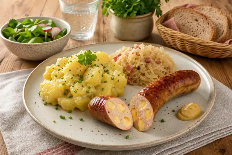 Cheese frankfurter split open in a toasted roll with visible cheese pieces and a side of mash on a rustic plate.