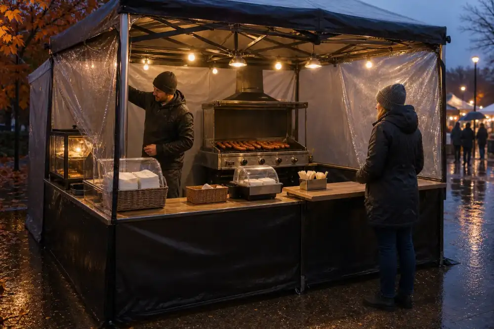 A vendor and customer stand under a lit canopy at a rainy autumn sausage stall with dry packaging and separate order and pickup points.