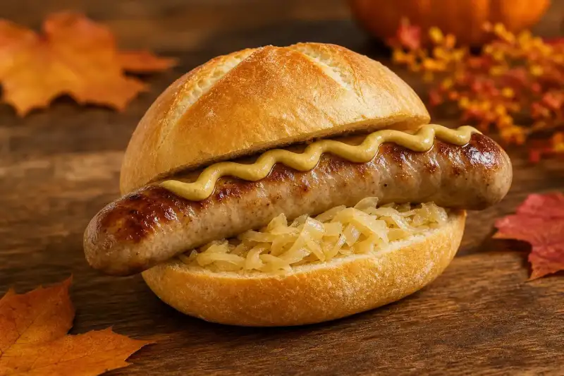 Bratwurst in a properly sized roll with a small portion of warm sauerkraut and mustard, kept neat and visible on a plain tray.