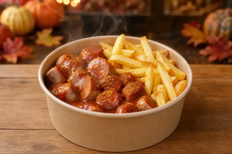 A deep paper pot filled with currywurst slices and chips, lightly coated in curry sauce and steaming on a festival counter.