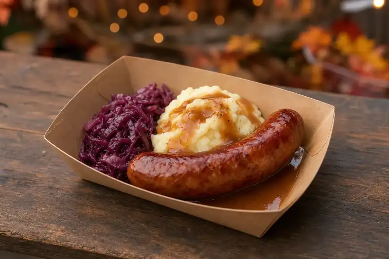 A compact festival tray with smoked sausage, mashed potatoes, braised red cabbage and a little gravy, served warm.