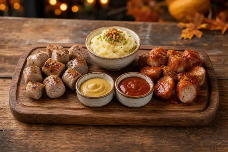 A shared wooden board with small bratwurst and currywurst portions, mashed potatoes, mustard, and curry sauce.