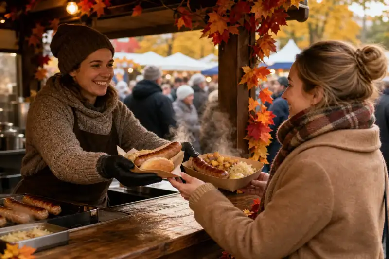 Vendor serving a steaming bratwurst tray with cabbage, mustard, and fries to bundled-up customers at an autumn festival.