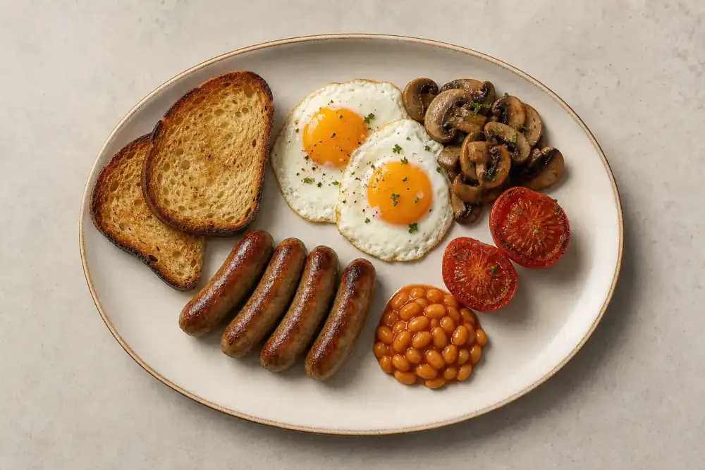 Overhead breakfast plate with four small Nuremberger Bratwursts arranged neatly beside eggs, mushrooms, tomato, beans, and toast.
