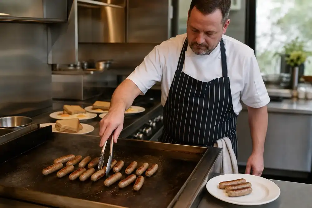 Two kitchen staff gently turn small sausages on a griddle beside ready-to-plate breakfast items.