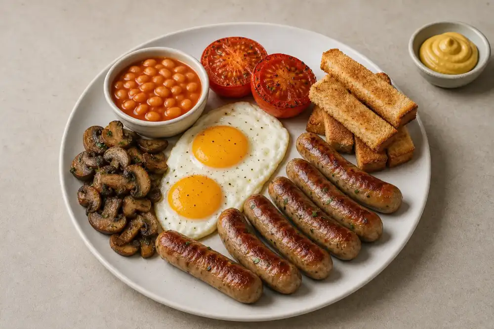 A full English breakfast plate with Nuremberger Bratwurst, eggs, mushrooms, tomatoes, beans, toast, and a small side of mustard.