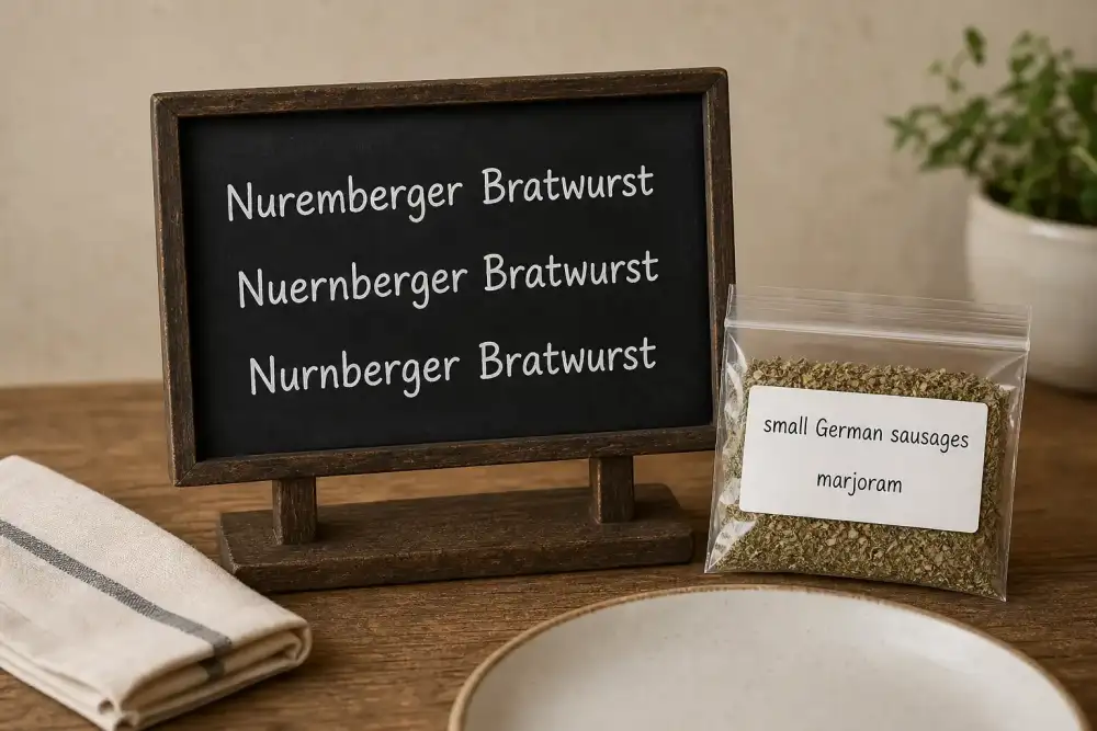 Menu card and supplier packet showing the main spellings and a simple descriptive label for the sausage.
