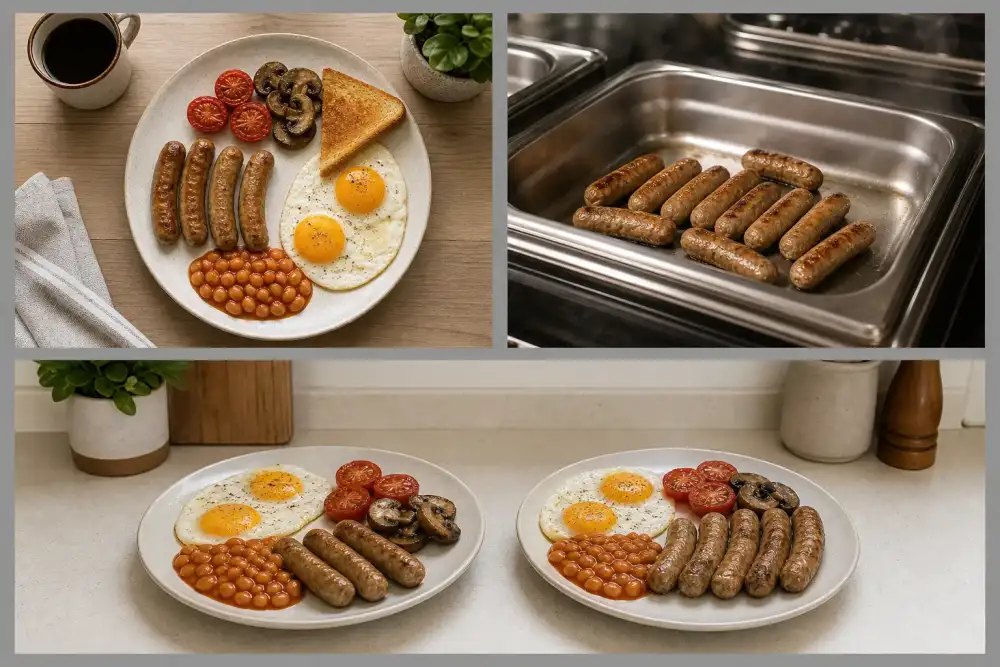 Three-panel collage showing fixed breakfast portions, buffet replenishment in smaller batches, and lighter versus fuller home servings of Nuremberger Bratwurst.