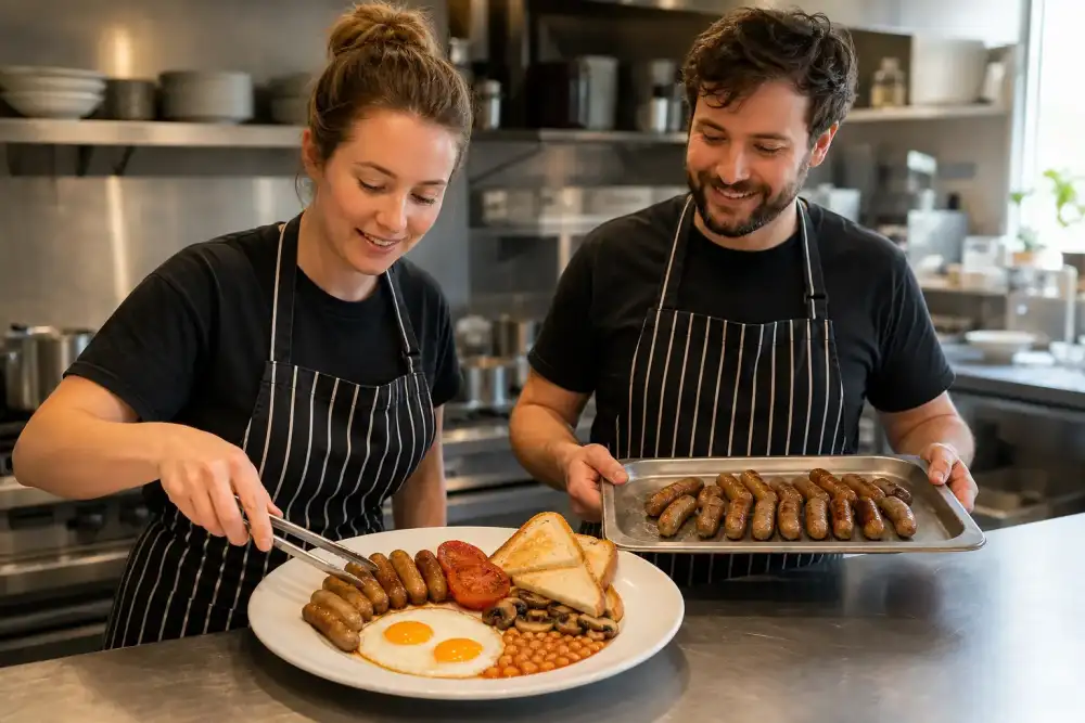 Two kitchen staff plate several small Nuremberger Bratwursts around a full English breakfast to show how compact portions fit neatly.
