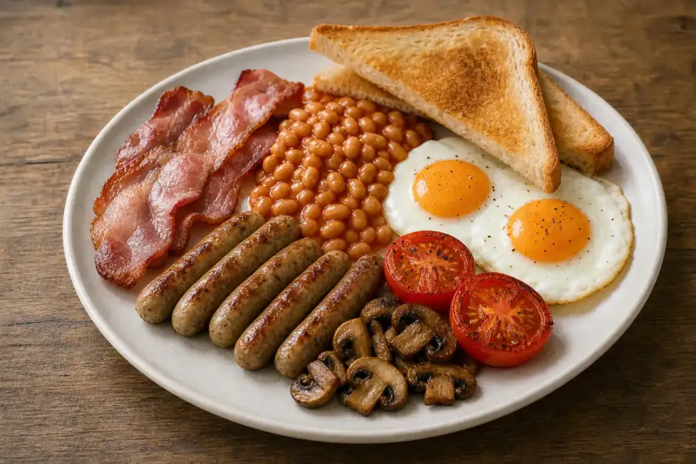 A full English breakfast arranged with small Nuremberger bratwursts, showing how their compact size fits neatly on the plate.
