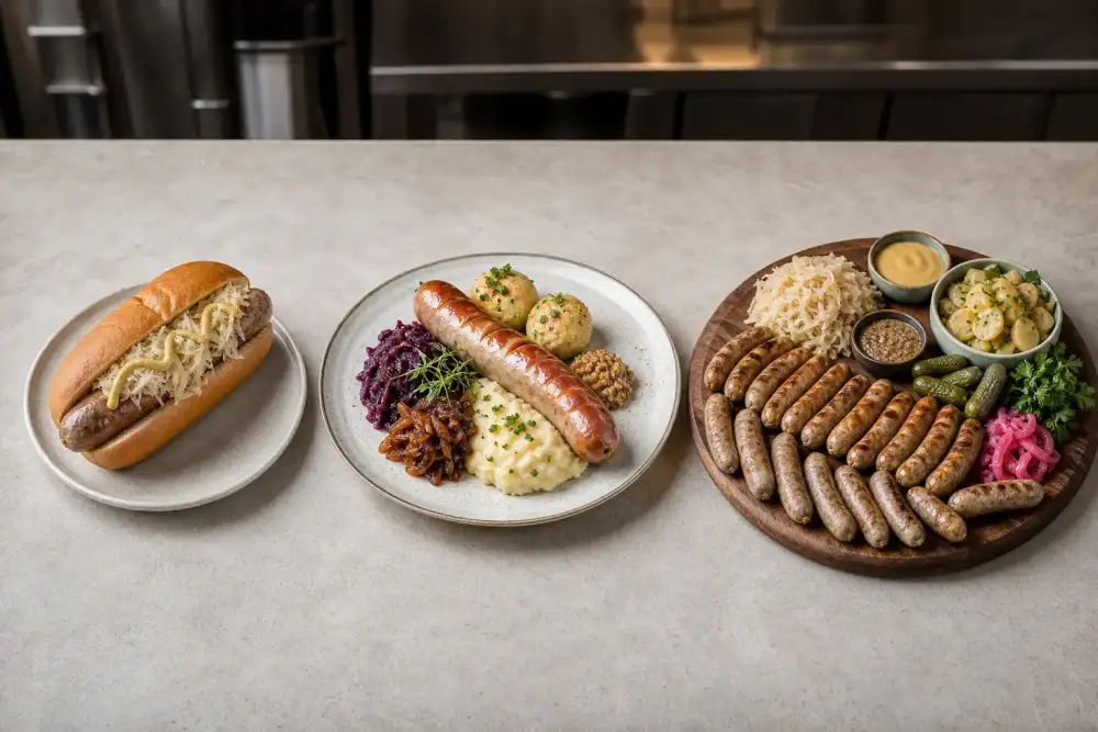 Three separate sausage servings show a classic bratwurst plate, a premium cheese frankfurter roll, and a shareable Nuremberger trio.