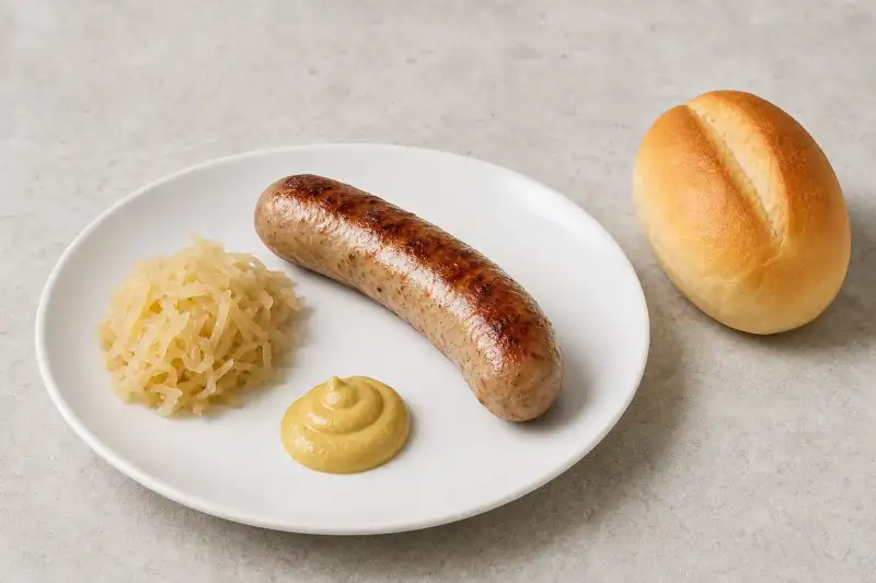 A plain pork bratwurst with sauerkraut, mustard, and a roll on a simple plate.