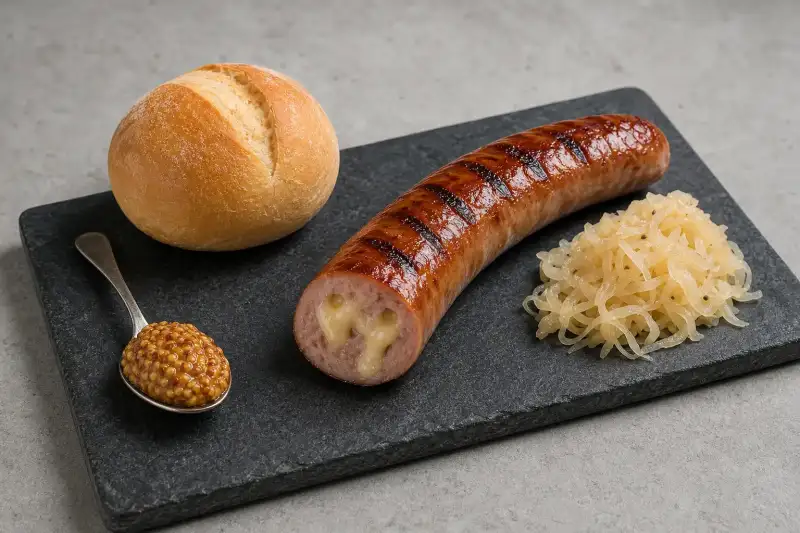 A cheese frankfurter with melted Emmental and bacon pieces, served simply with mustard, sauerkraut, and a plain roll.
