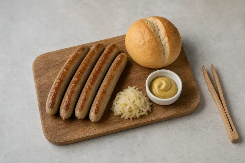 Four small Nuremberger bratwurst sausages beside a roll, mustard, and sauerkraut, arranged for an easy snack portion.
