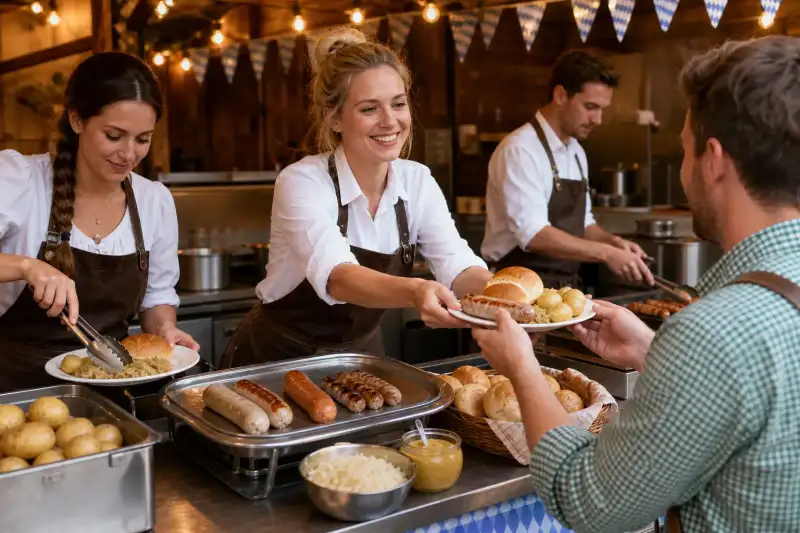 Three hospitality workers serve a compact Oktoberfest sausage selection of bratwurst, cheese frankfurters, and Nuremberger sausages with simple sides.
