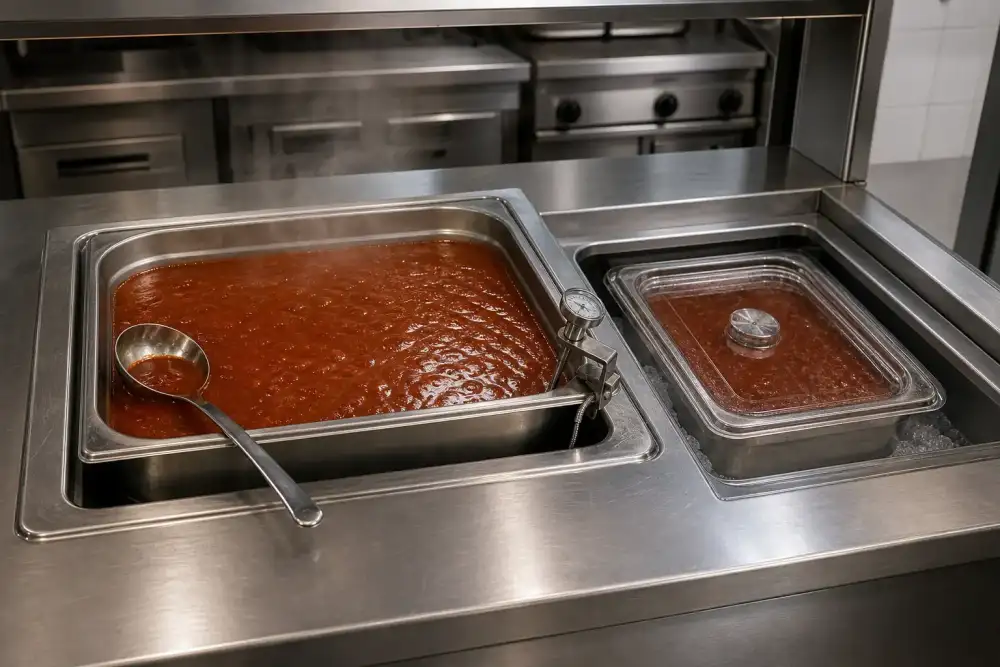 A hot-holding bain-marie keeps sausage sauce ready for service beside a chilled backup container.