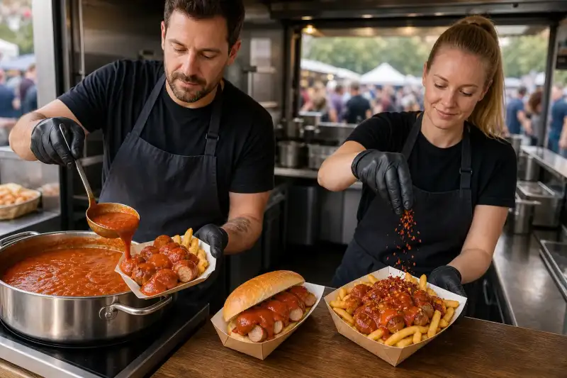 A vendor spoons glossy curry tomato sauce over currywurst and chips beside loaded fries at a busy street-food stall.