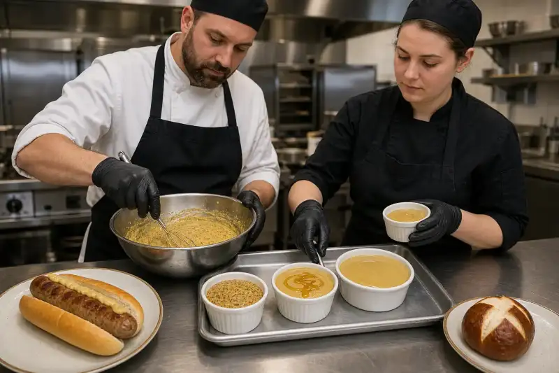 Two kitchen staff divide one mustard base into sharp, sweetened, and pourable finishes beside bratwurst rolls on a prep counter.