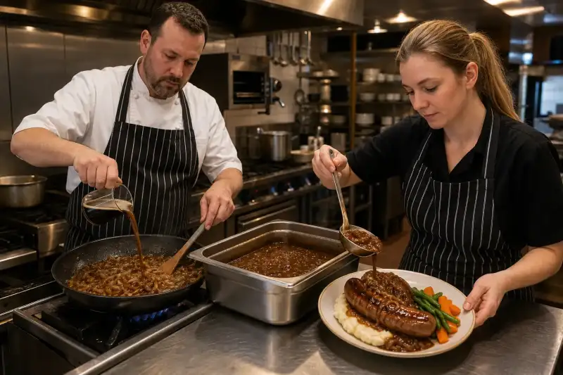 Two kitchen staff finish beer and onion gravy over bratwurst with mash potatoes and seasonal vegetables in a pub-style plated meal.