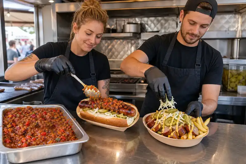 Two staff members plate a loaded hotdog with chunky smoky pepper and tomato relish, cabbage, pickles, and mustard.