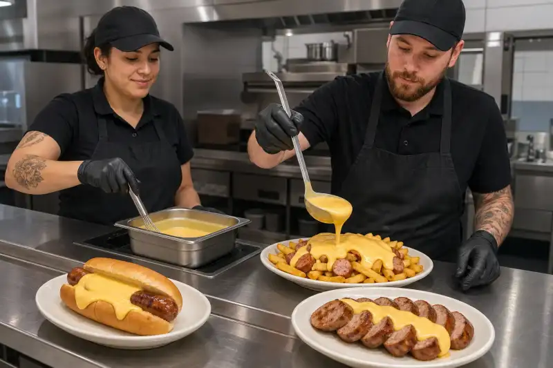 Two kitchen staff portion smooth warm cheese sauce over loaded fries beside a Frankfurter roll and sliced Bratwurst.