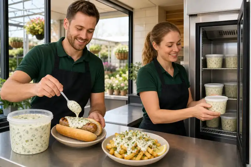 Two café staff serve bratwurst rolls with a pale herb and gherkin sauce, while a chilled backup tub sits in refrigerated holding nearby.