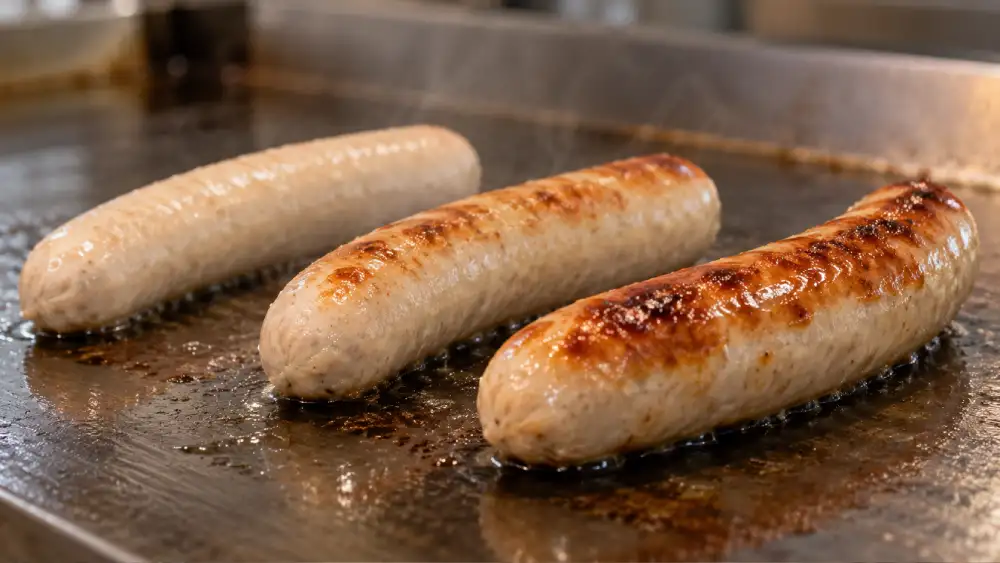 Three German Bratwurst at different stages of browning on a commercial flat-top grill