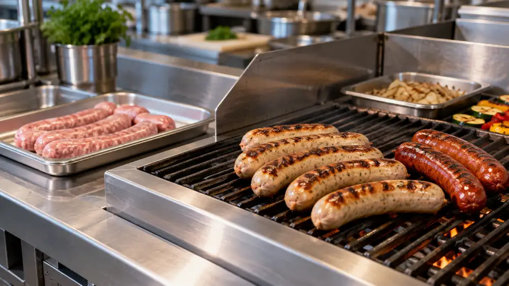 Pre-cooked German Bratwurst and smoked sausages on a commercial grill beside raw sausages awaiting cooking