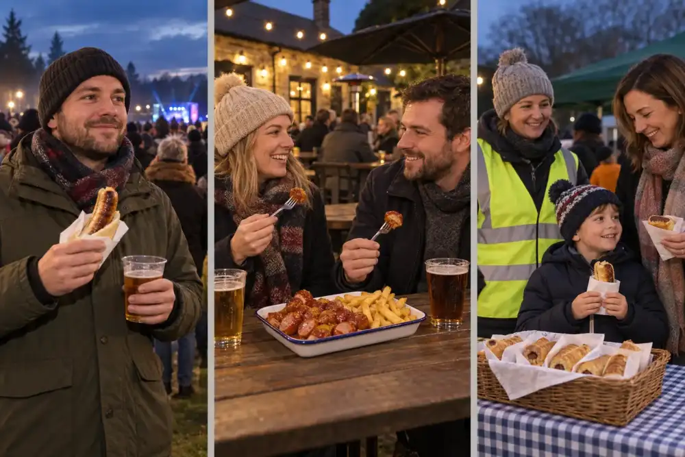 Three-panel Bonfire Night menu collage: bratwurst and drink for a standing crowd, currywurst with chips at pub seating, and sausage rolls at a family fundraiser.
