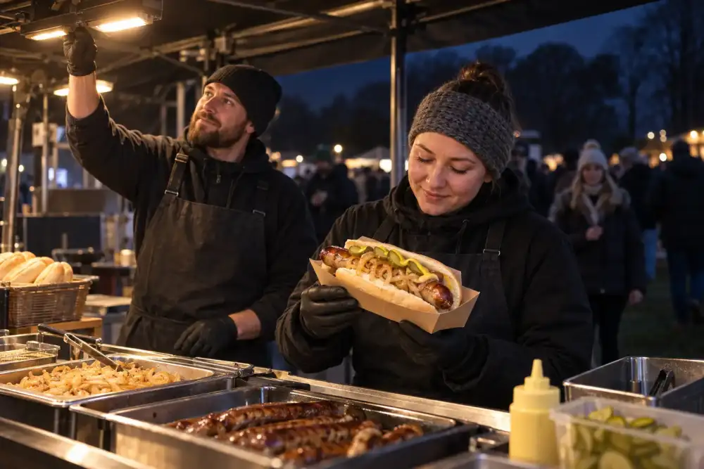 Two caterers adjust stall lighting and inspect a mustard-topped bratwurst roll with onions and pickles at a night event.