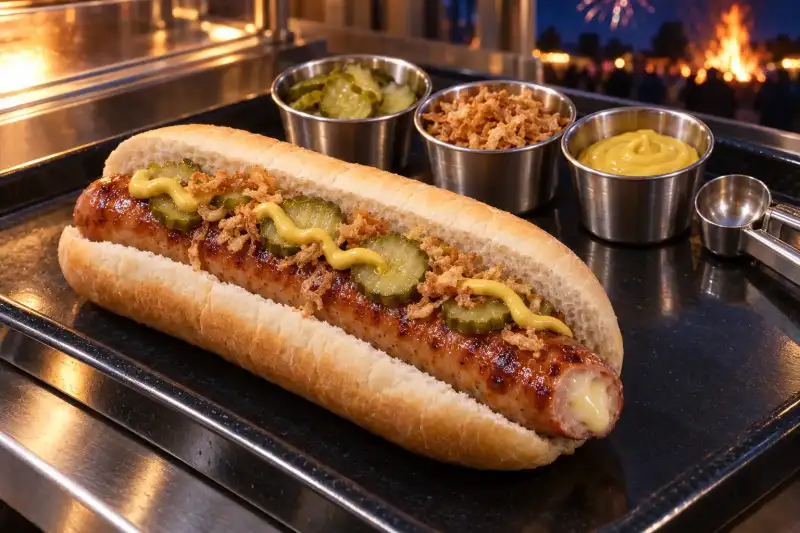 Cheese frankfurter in a split white roll with visible melted Emmental centre, gherkins, crispy onions and mustard beside topping cups.