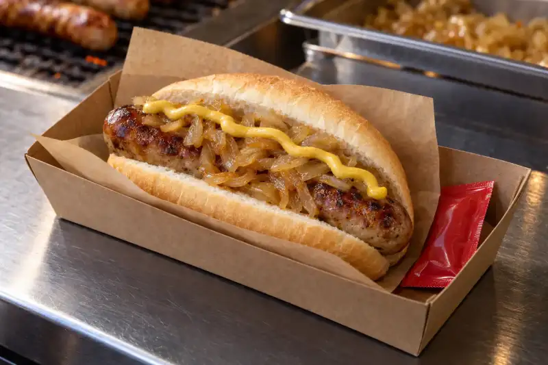 Browned pork bratwurst in a snug white roll with golden onions and mustard, packed in a kraft sleeve and tray beside a ketchup sachet