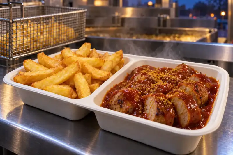 Curry sauce-coated sliced Bratwurst with curry seasoning beside dry thick-cut chips in a two-compartment takeaway container