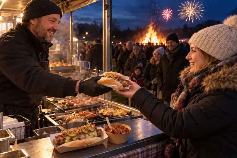 Bundled-up caterer hands a bratwurst roll to a customer beside a cheese frankfurter and currywurst pot at a Bonfire Night event.