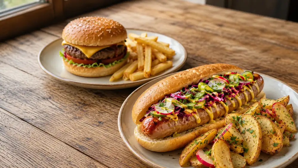 Colourful German bratwurst with fresh slaw and potatoes beside a classic burger and chips