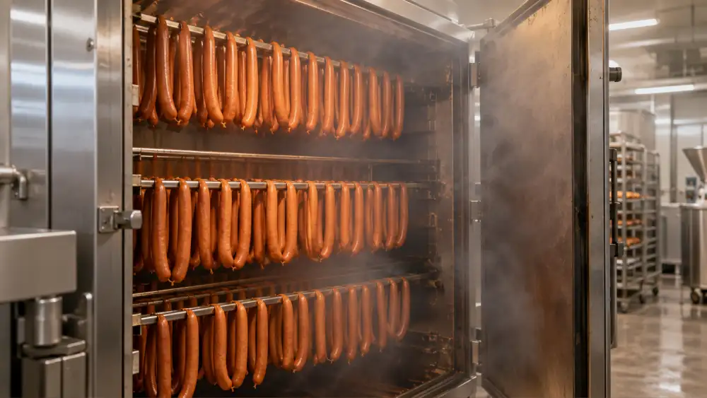 German Frankfurters hanging inside an open commercial smoker during the smoking and heat-treatment process