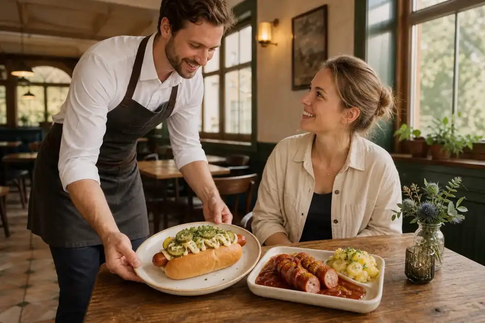 A server presents a herb-topped Frankfurter in a roll beside currywurst and potato salad to a diner at a café table.